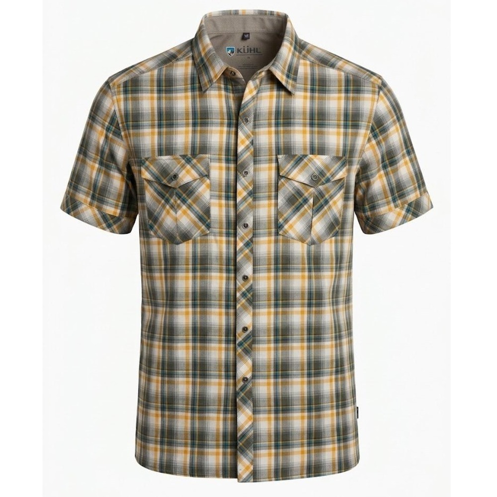KUHL Eluxur Mens Medium Yellow Gray Plaid Short Sleeve Button Up Shirt - CJ